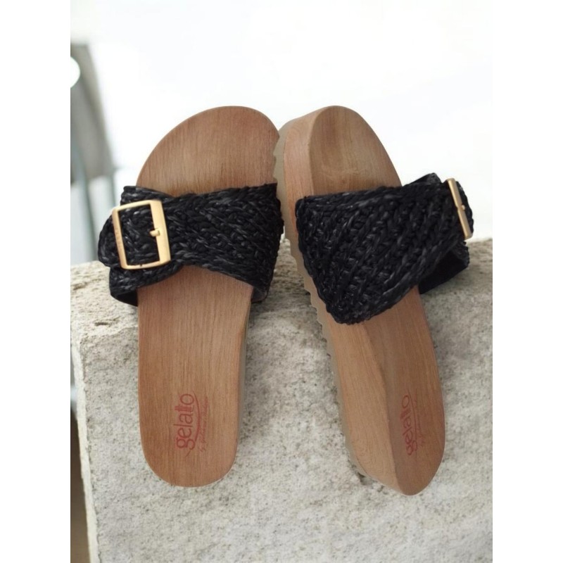 Gelatto Ciabatte Donna in Rafia Nera, Suola in morbida tomaia color legno, Fibbia Dorata, Misura 37-38