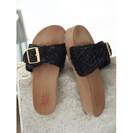 Gelatto Ciabatte Donna in Rafia Nera, Suola in morbida tomaia color legno, Fibbia Dorata, Misura 37-38