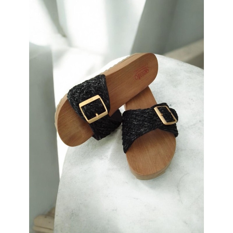 Gelatto Ciabatte Donna in Rafia Nera, Suola in morbida tomaia color legno, Fibbia Dorata, Misura 37-38