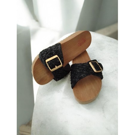 Gelatto Ciabatte Donna in Rafia Nera, Suola in morbida tomaia color legno, Fibbia Dorata, Misura 37-38