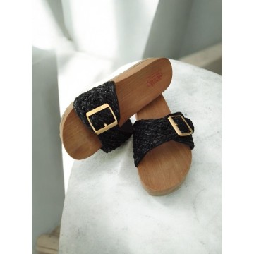 Gelatto Ciabatte Donna in Rafia Nera, Suola in morbida tomaia color legno, Fibbia Dorata, Misura 39-40 2