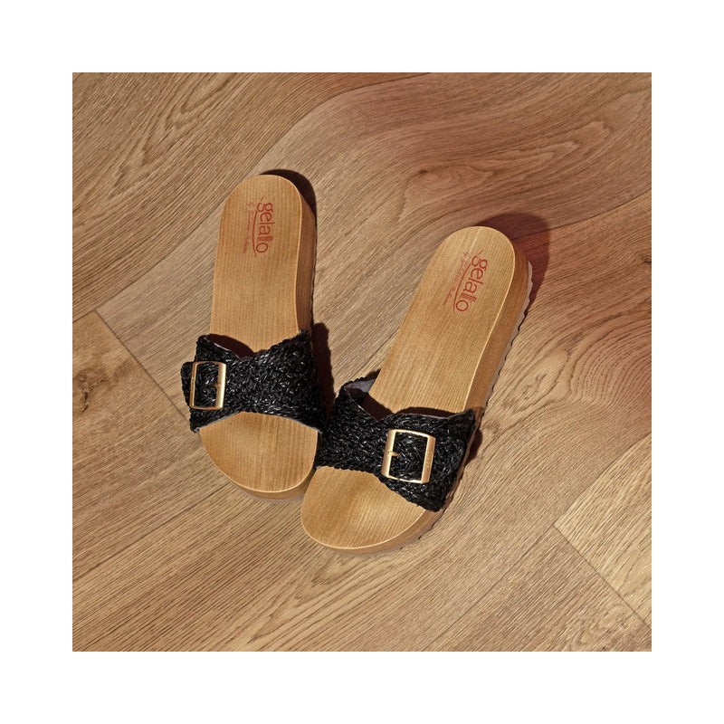 Gelatto Ciabatte Donna in Rafia Nera, Suola in morbida tomaia color legno, Fibbia Dorata, Misura 39-40