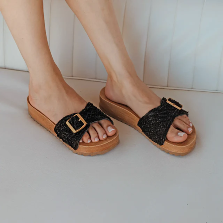 Gelatto Ciabatte Donna in Rafia Nera, Suola in morbida tomaia color legno, Fibbia Dorata, Misura 39-40